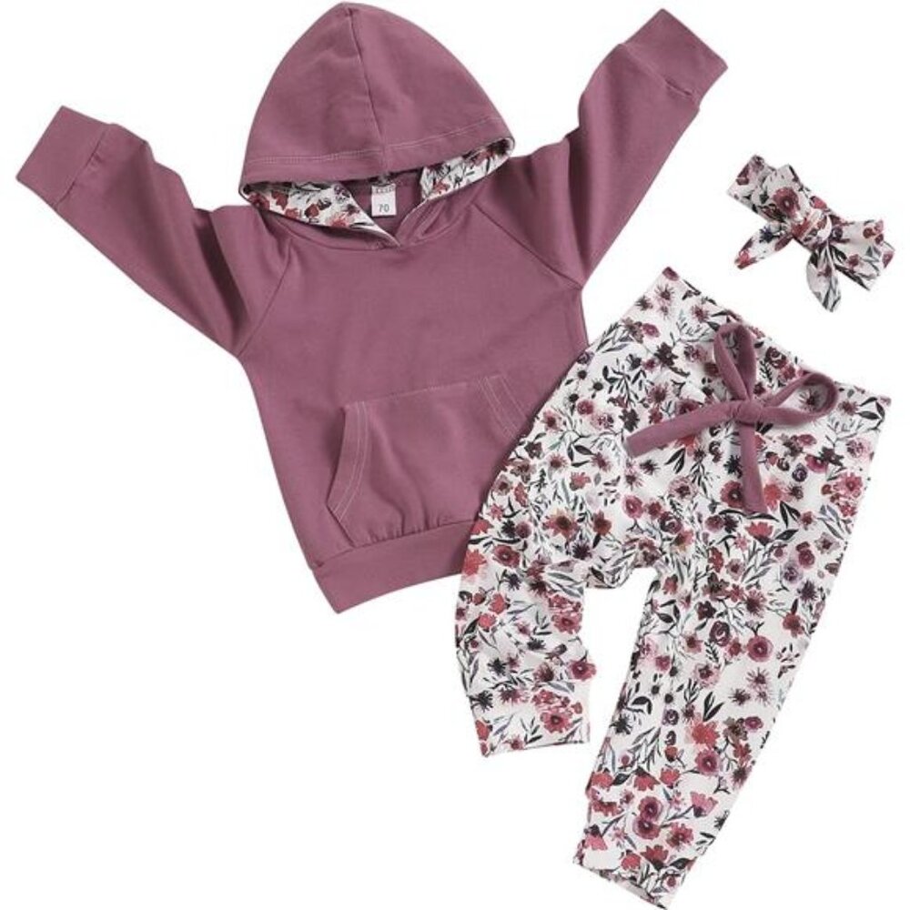 Baby Girl Fall Hoodie Tops‎ Floral Pant with Cute Headband Baby Girl Dresses